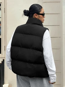 Dazy Plus Solid Color Casual Versatile Thermal Lined Thickened Autumn/Winter Sleeveless Vest Women's Padded Coat Jacket - Black - View 10