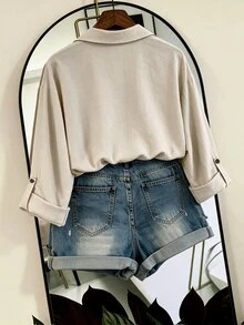 SHEIN Franclia Women's Beige Lapel Pullover Shirt, Loose Lazy Casual French Commute Top Brunch Vacation Summer - Khaki - View 3