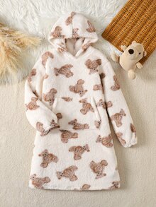 SHEIN 少女秋/冬款寬鬆保暖內裡加厚雙面絨毛可愛卡通熊印花連帽袋鼠口袋長袖睡衣家居服睡袍 米色女童睡衣 - 白色 - 查看 3