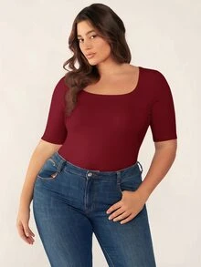 SHEIN BASICS 大尺碼純色修身圓領T恤 夏季上衣 正裝居家休閒穿搭 紅色 西式風格 - 酒紅色 - 查看 5