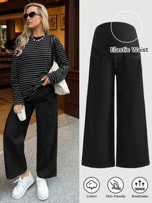 SHEIN Quần jean denim bầu dáng rộng thoải mái đa năng - màu đen - Xem 2