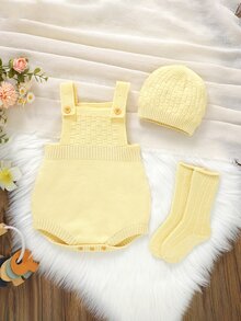 SHEIN Vintaside Kids Newborn Baby Solid Color Button Design Casual Knit Romper - Yellow - View 8