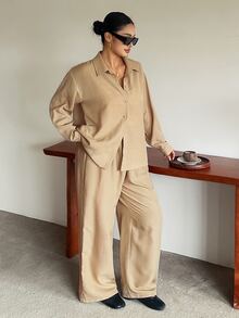 Dazy Plus Solid Color Casual Traditional Loose Long Sleeve Shirt And Wide Leg Pants 2 Pieces Set, Fun Commute Outfit Autumn Formal Vacation Beige - Khaki - View 6