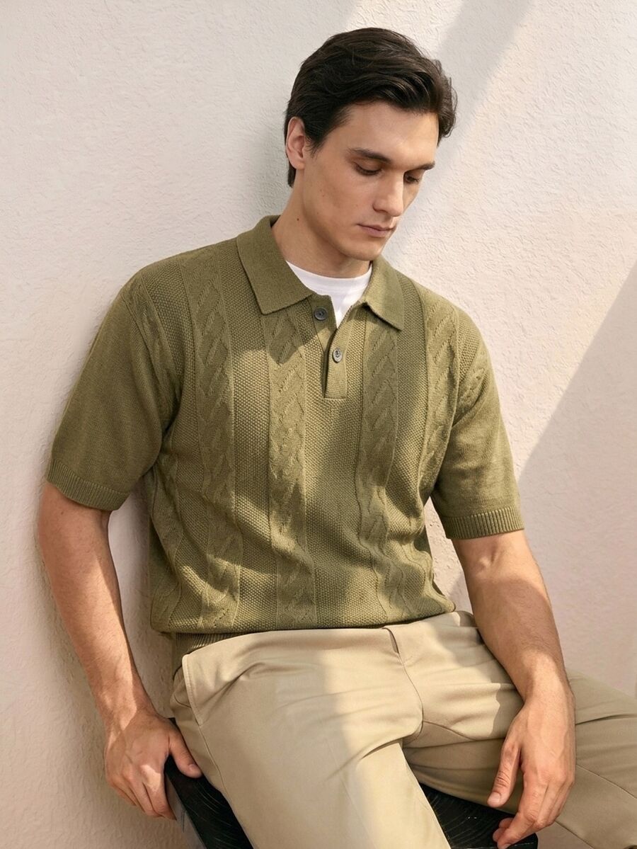 Manfinity Homme Men's Casual Button Half-Placket Short Sleeve Knit Top For Daily Wear - Green - View 1