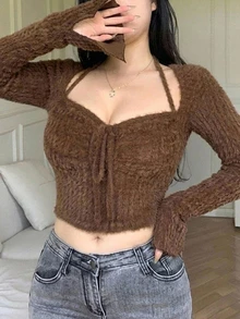 REIGN AVE Plus Size Brown Sexy Drawstring Tie Cami Vacation Slim Fit Cropped Long Sleeve T-Shirt - Brown - View 5