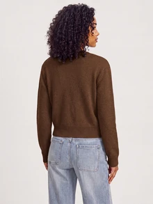 SHEIN BASICS Women's Solid Color Long Sleeve Single-Breasted Knit Cardigan - Coffee Brown - View 2