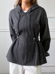 Livesso Women's Solid Color Drawstring Hooded Zip-Up Casual Everyday Long Sleeve Sweatshirt Fall - Grey - View 6