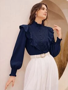Anewsta Women's New Pink Stand Collar Ruffle Patchwork Lace French Romantic Ruffle Long Sleeve Blouse - Navy Blue - View 5