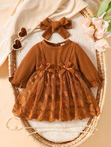 SHEIN 2件組新生兒春秋款酒紅色甜美公主風蝴蝶結蕾絲網紗拼接長袖洋裝附髮帶套裝，寬鬆舒適版型，適合日常外出、滿月宴、周歲生日派對、節日聚會、拍照攝影 - 橘色 - 查看 3