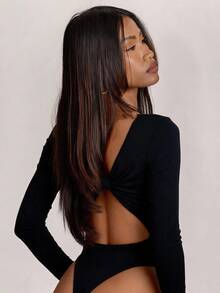 SHEIN BAE 秋冬黑色性感露背長袖連身衣，萬聖節派對夜店時尚外出穿搭 - 黑色 - 查看 2