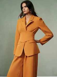 Aveloria Modichic Women's Suit Set Strong Shoulder Waist Wide Leg V-Neck Lapel Overlapping Buckle Cummerbund Side Buttons Modern Orange Solid Tailored Set Thanksgiving - Orange - View 5