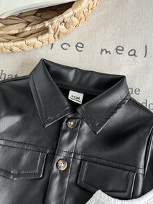 SHEIN Vintaside Kids 女嬰春秋短款黑色PU皮革夾克與白色提花肩帶洋裝2件套，優雅時尚，適合室內/戶外拍照及其他場合 - 黑與白 - 查看 5
