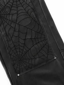 PAVTROS Men's Fashion Spider Web Embroidery Patchwork Long Pants - Black - View 5