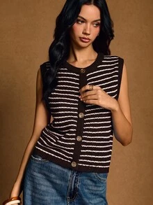 Poéselle 女款舒適棕色條紋拼接鈕扣針織背心，日常秋季法式優雅風 - 咖啡棕 - 查看 5