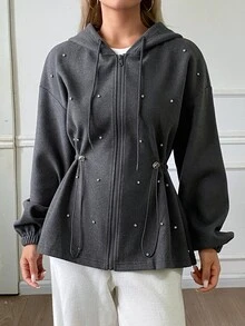 Livesso Women's Solid Color Drawstring Hooded Zip-Up Casual Everyday Long Sleeve Sweatshirt Fall - Grey - View 5