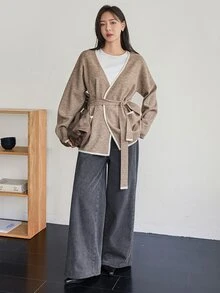 Dazy-Less 女款 V 領休閒百搭日常開襟衫 - 咖啡棕 - 查看 3