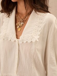 Easelle Vintage Bohemian V-Neck Embroidered Patchwork A-Line Short Dress For Women - White - View 6