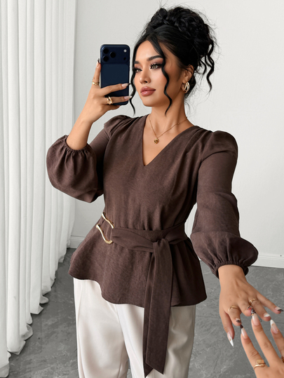 Elenzga Plus Size Elegant Vintage Commuter V-Neck Metal Buckle Belt Petal Sleeve Women's Blouse