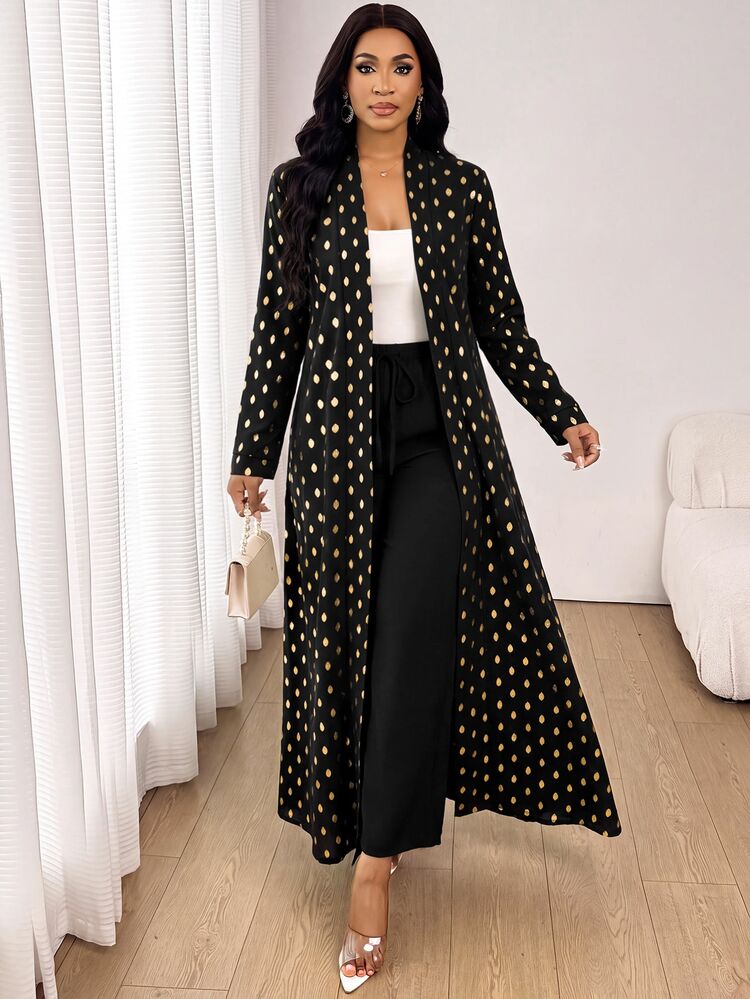 SHEIN Lady 女款秋季時尚箔印花夾克與長褲兩件套 - 黑色 - 查看 6