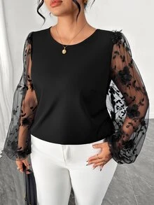 Elenzga Plus Size Women's Autumn/Winter Fashion Elegant Mesh Embroidered Round Neck Long Sleeve Blouse - Black - View 3