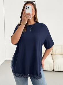 Shapeblank 大尺碼夏季休閒蕾絲拼接側開衩T恤 - 藏蓝色 - 查看 5