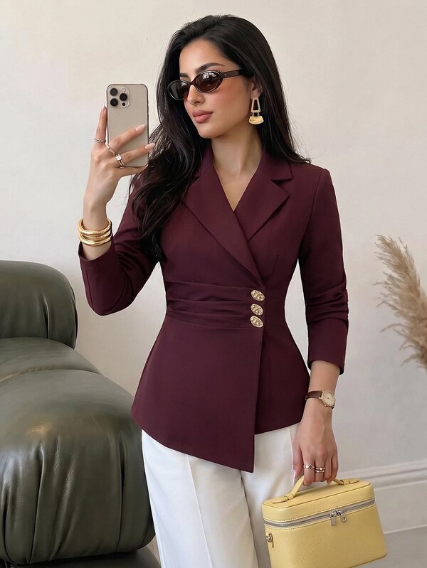 Veilorie Women's Solid Color Notch Lapel Casual Commute Travel Blazer Jacket