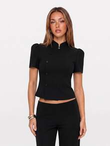 Avantive Women's European & American Vintage Waist-Cinching Cropped Design Top - Black - View 4