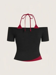 Attitoon Camiseta con cuello halter y patrón de araña con pedrería - Negro - Ver 4