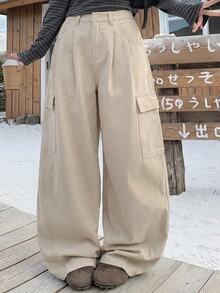 Dazy Plus Solid Color Casual Traditional Side Pocket Cargo Pants Street Loose Wide Leg Curved Leg Denim Jeans Autumn Formal Going Out Grey - Apricot - View 5