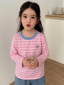 Dazy Kids 女童秋季休閒條紋長袖T恤 - 珊瑚粉 - 查看 6