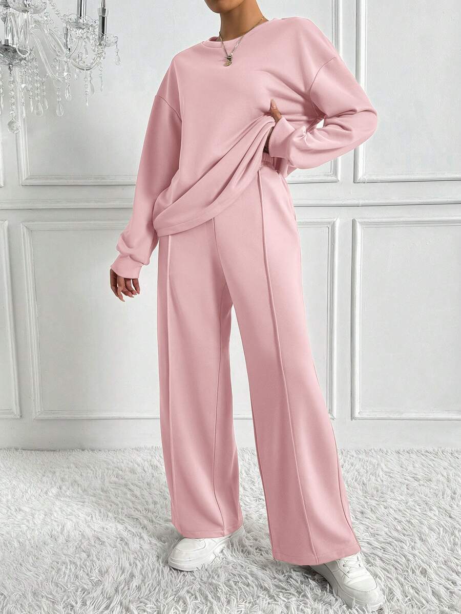 SHEIN Autumn Casual Solid Color Sweatshirt & Sweatpants 2 Pieces Set - Pink - View 1