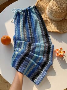 Comfortcana Women's Colorblock Striped Drawstring Waist Wide Leg Loose Long Pants - Blue - View 6