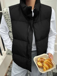 Dazy Plus Solid Color Casual Versatile Thermal Lined Thickened Autumn/Winter Sleeveless Vest Women's Padded Coat Jacket - Black - View 7