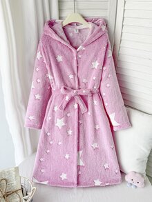SHEIN Tween女孩秋冬休閒雙面抓絨螢光星星印花貼袋連帽睡袍居家服粉色兒童睡衣 - 藕粉色 - 查看 3