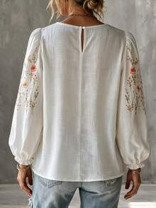 Trelyra Women's Early Autumn French Vacation Pastoral Style Digital Print Ruffle Puff Long Sleeve Round Neck Casual Loose Blouse Top - White - View 2