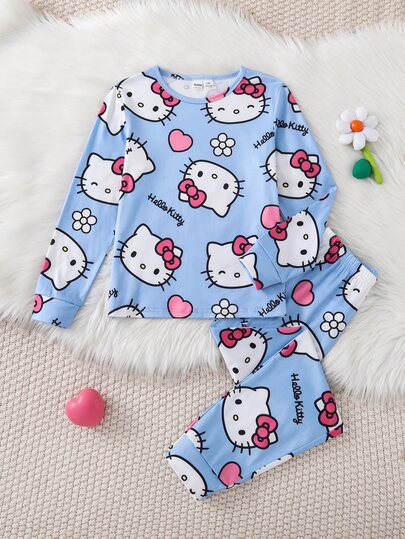 HELLO KITTY AND FRIENDS | SHEIN Tween Girls Cartoon Print Fitted Crew Neck Long Sleeve Top And Pants 2 Pieces Loungewear Set
