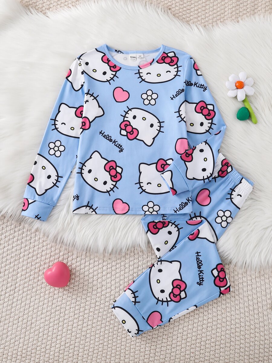 HELLO KITTY AND FRIENDS | SHEIN Tween Girls Cartoon Print Fitted Crew Neck Long Sleeve Top And Pants 2 Pieces Loungewear Set - Baby Blue - View 1