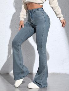 SHEIN ICON 休閒水洗喇叭褲牛仔褲 - 霧霾藍 - 查看 3