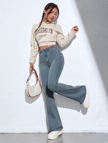 SHEIN ICON 休閒水洗喇叭褲牛仔褲 - 霧霾藍 - 查看 5