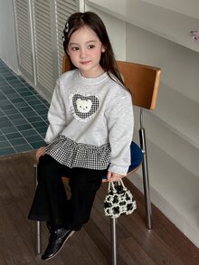 DAZY Sweatshirt Bayi Perempuan (Leher Bulat) Lengan Panjang Motif Kotak-kotak Patchwork Musim Gugur - Grey - View 3