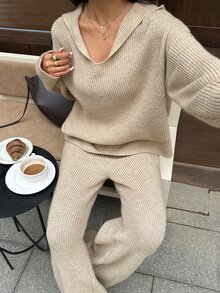 Autumina Women's Autumn/Winter Casual Hooded Loose Fit Versatile Pique Knit Top & Drawstring Pants 2 Pieces Set - Camel - View 4