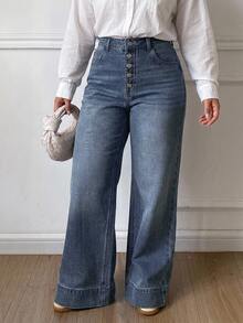 Dazy Plus Vintage Washed Distressed Multi-Button Loose Straight Leg Wide Leg Long Denim Pants All Season Fall - Dark Wash - View 6