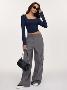 SHEIN BASICS 3件組女款純色針織長袖修身方領短版T恤，夏季服飾 - 彩色 - 查看 5