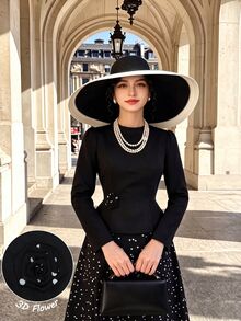 Modelyn 3D Floral Decor Half-High Neck Black Top With Asymmetrical   Polka Dot Two Piece Set  Saudi National Day  Renaissance Outfit Women Business Elegant - Black - View 10