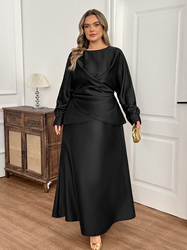 SHEIN CURVE+ Plus Size Elegant Party Cross Wrap Blouse & Skirt 2 Pieces Set - Black - View 9