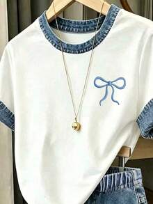 Tween Girl Bow And Denim-Effect Print Contrast Trim Tee & Shorts Set - Multicolor - View 2