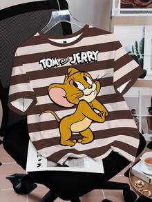 TOM & JERRY X SHEIN 大尺碼夏季休閒拼接色條紋卡通印花T恤 - 白色 - 查看 5