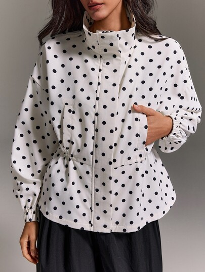 Athîral Women's Polka Dot Print Funnel Neck Long SleeveCinched Waist  Casual Peplum White Jacket For Daily, Vacation, Holiday, Fall, Going Out,Cool Girl