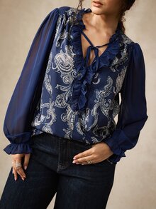 Nubod Plus Size Women's Autumn Casual Printed Patchwork Ruffle Hem Blouse - Navy Blue - View 1