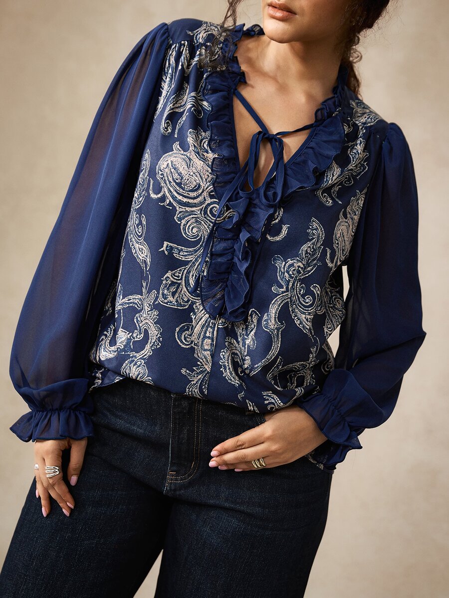 Nubod Plus Size Women's Autumn Casual Printed Patchwork Ruffle Hem Blouse - Navy Blue - View 1